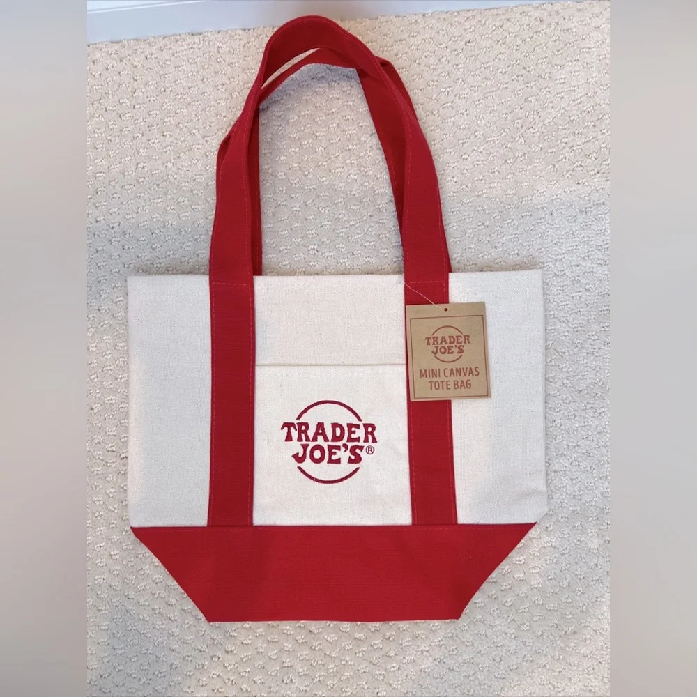 👀 New Limited Edition Mini Canvas Tote bag at Trader Joe Trader Joe\'s Limited Edition Mini Canvas Tote Bag in Cream and Red display picture 1